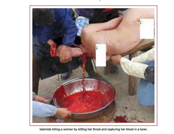 Islamists killing a woman by slitting her throat and capturing her blood in a bowl.